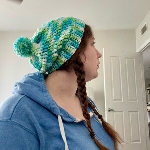 Handmade Slouchy Crochet Beanie with Pom Pom blue green white